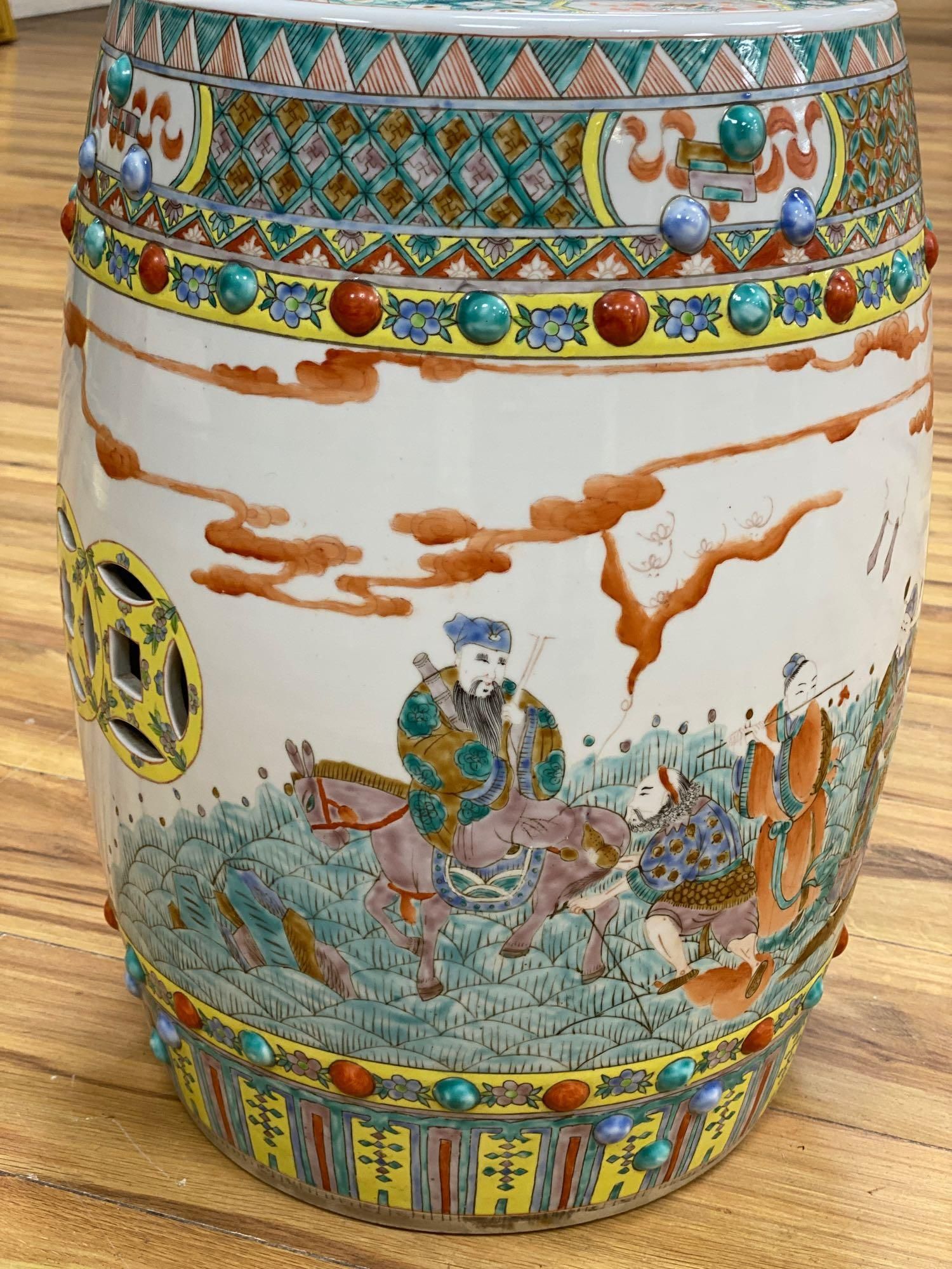 A Canton polychrome-decorated ceramic garden seat, 48cm high